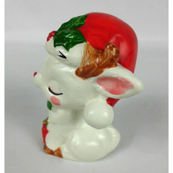 Vintage Napcoware Kissing Reindeer Salt Pepper Shaker Christmas Hat Bow Gift - Picture 4 of 5